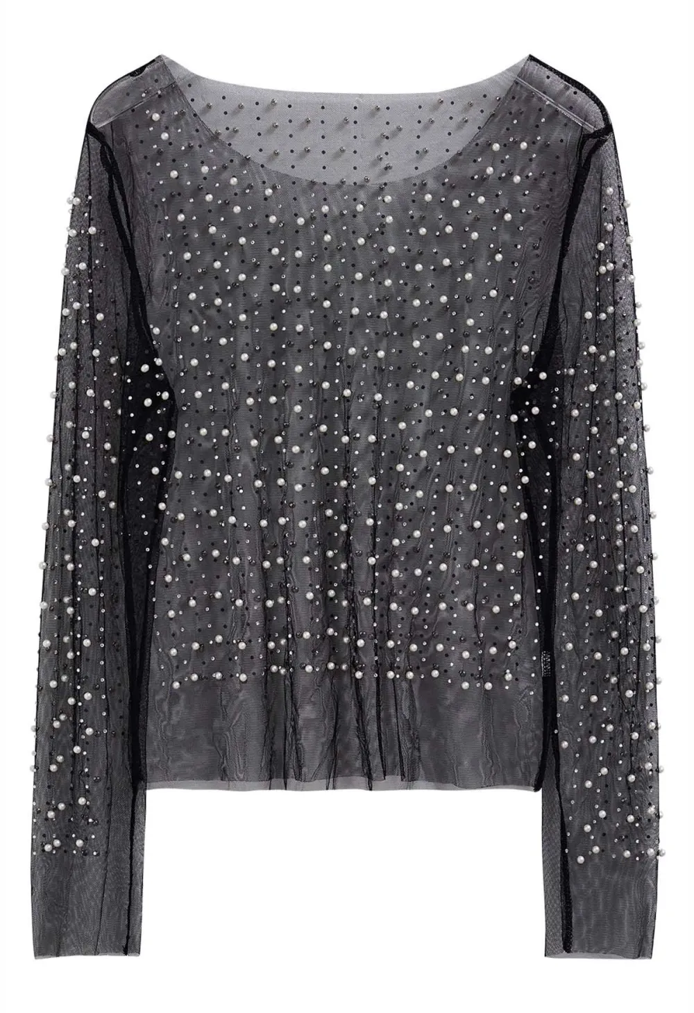 FULL PEARL EMBELLISHED SHEER MESH TOP IN BLACK