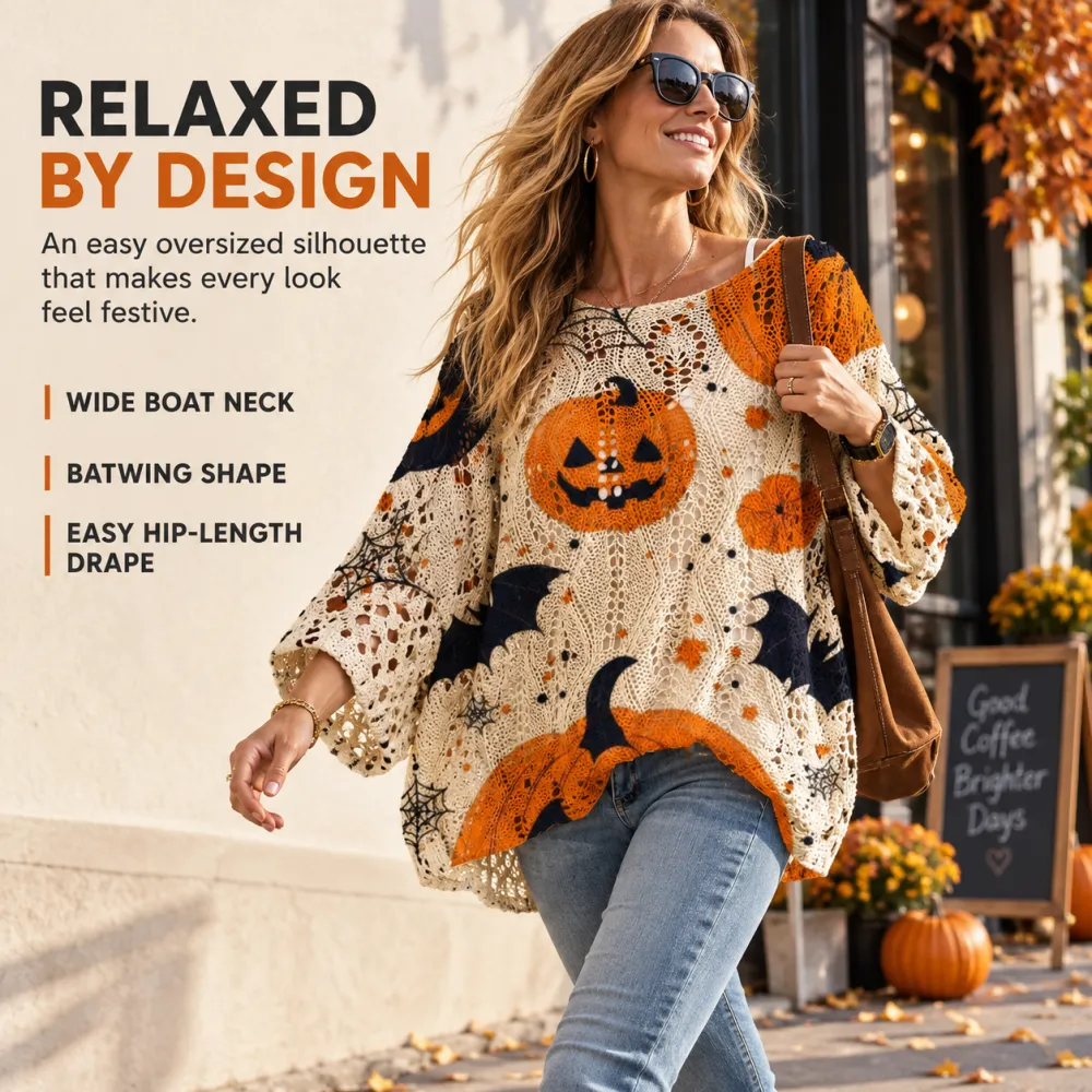 Halloween Long Sleeve with Diamond Cutout Bat Pumpkin Print