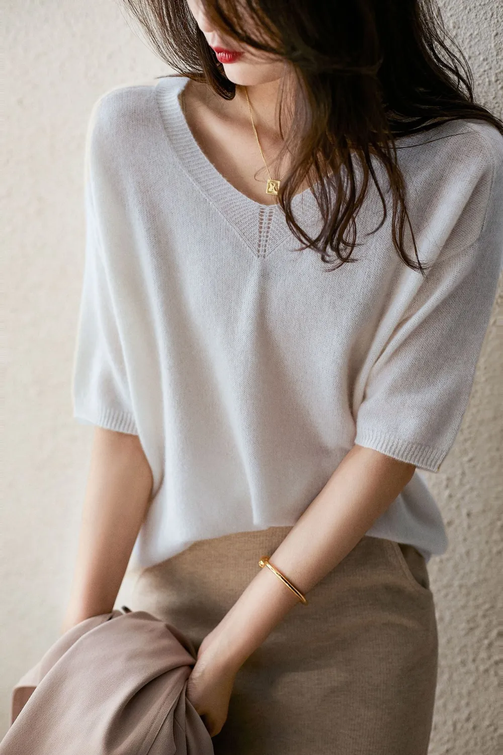 Loose Solid Color Half Sleeve Knitted Sweater