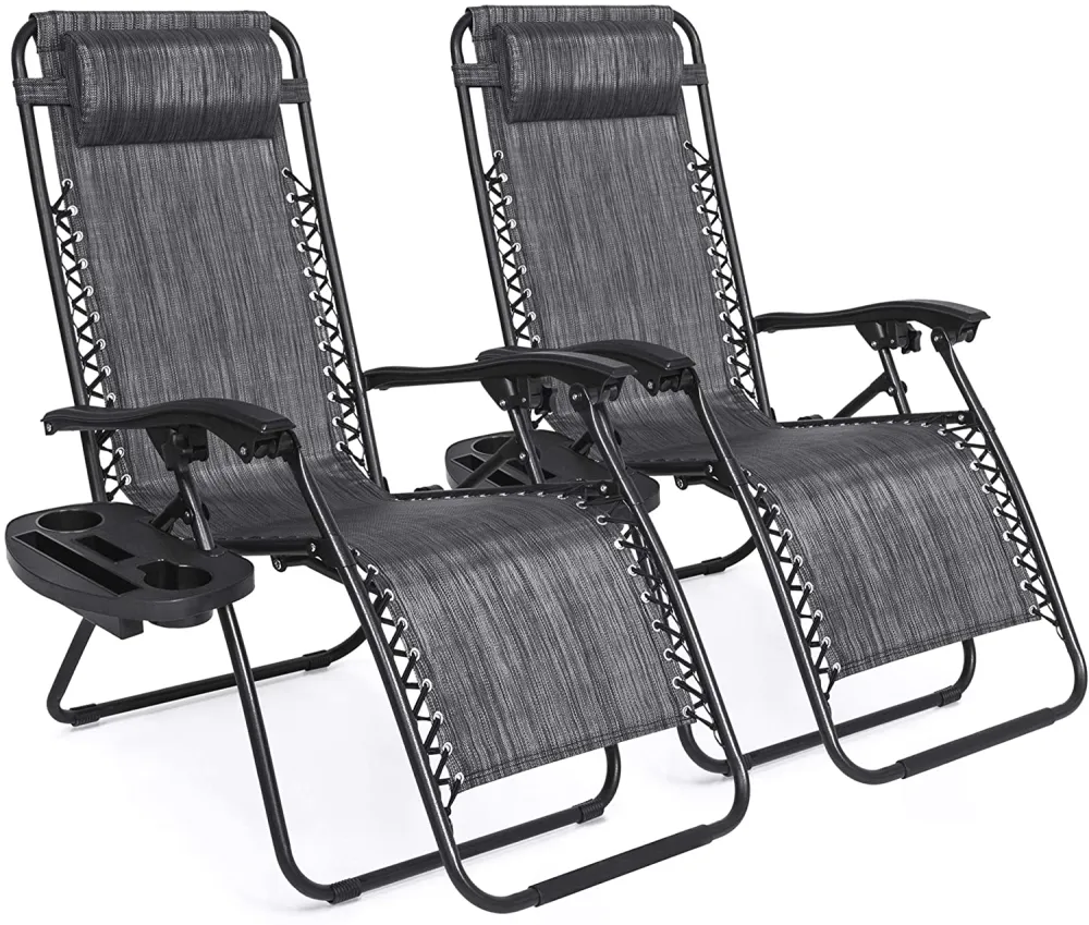 Set of 2 Adjustable Steel Mesh Zero Gravity Lounge Chair Recliners w/Pillows and Cup Holder Trays