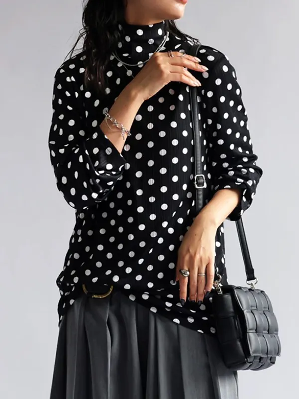 Long Sleeve Relaxed Polka Dot Draped Collar T-Shirt