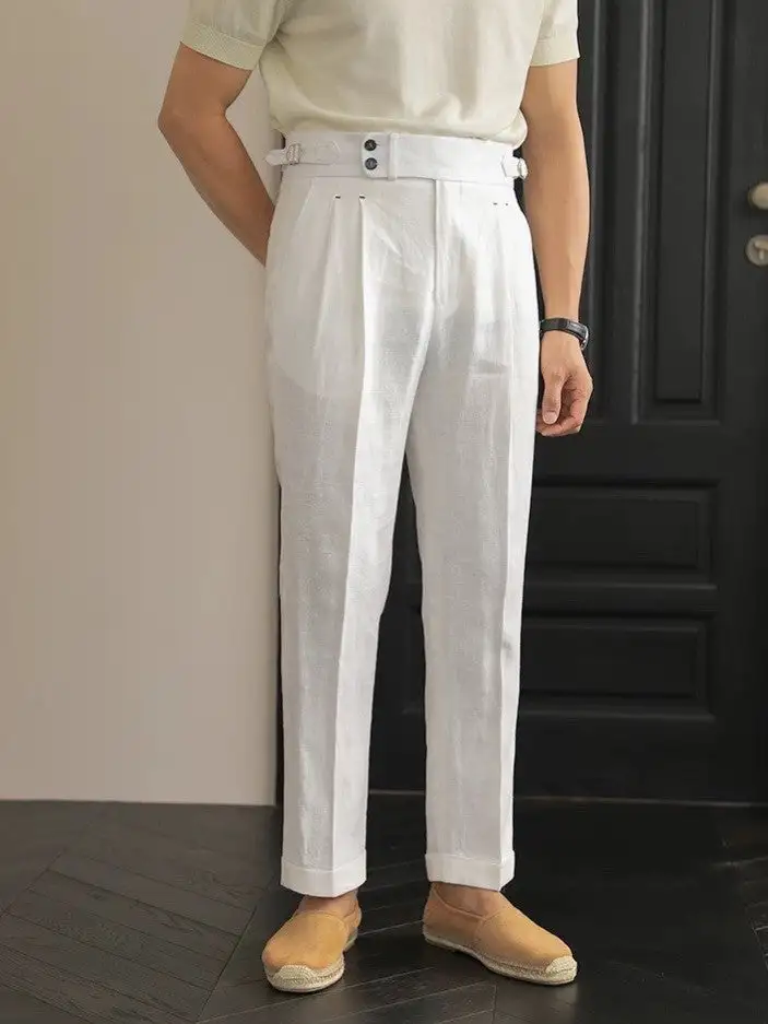 Lightweight Linen Side Tab Trousers