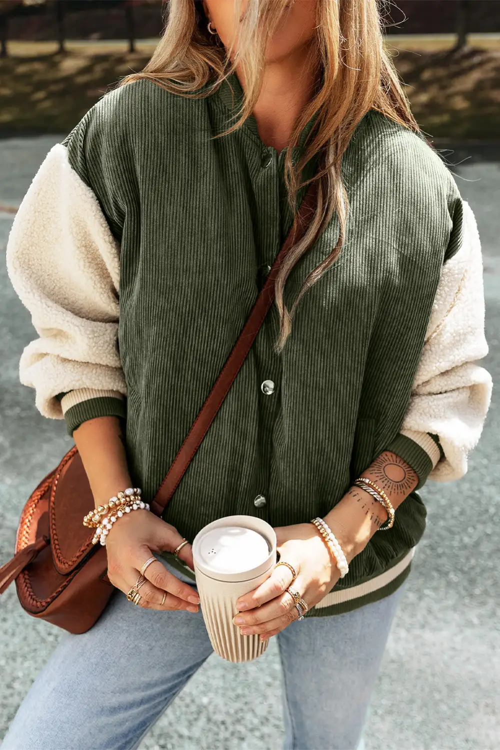 Fleece Corduroy Button Front Bomber Jacket