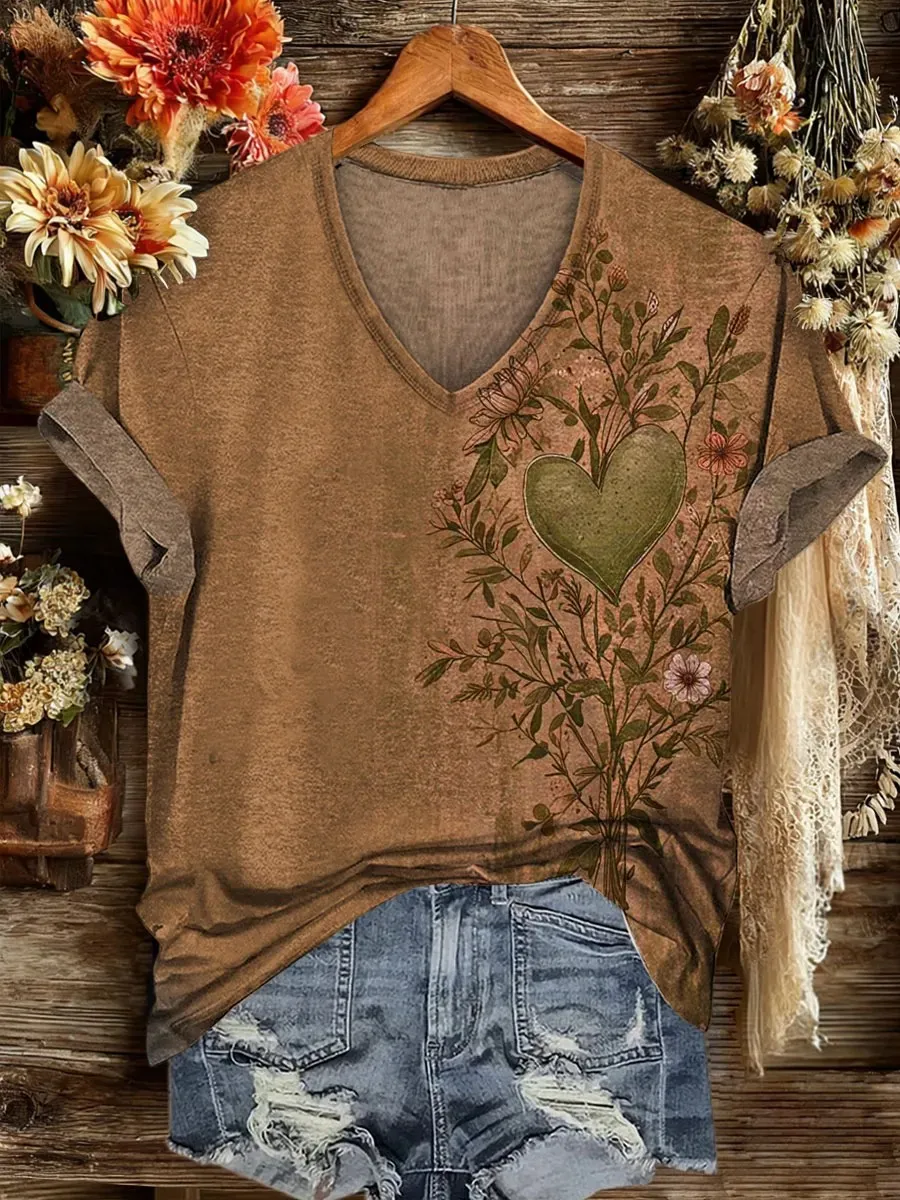 Women'S Retro Ethnic Western Printed V-Neck T-Shirt