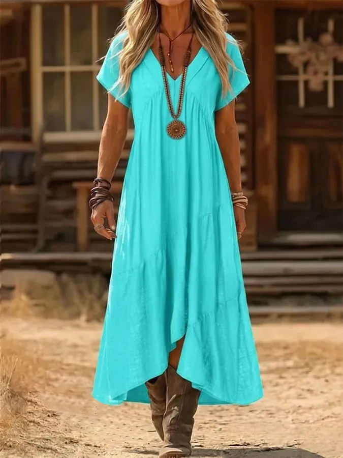 Retro V-neck Spliced Dress Casual Loose Fit Western Style