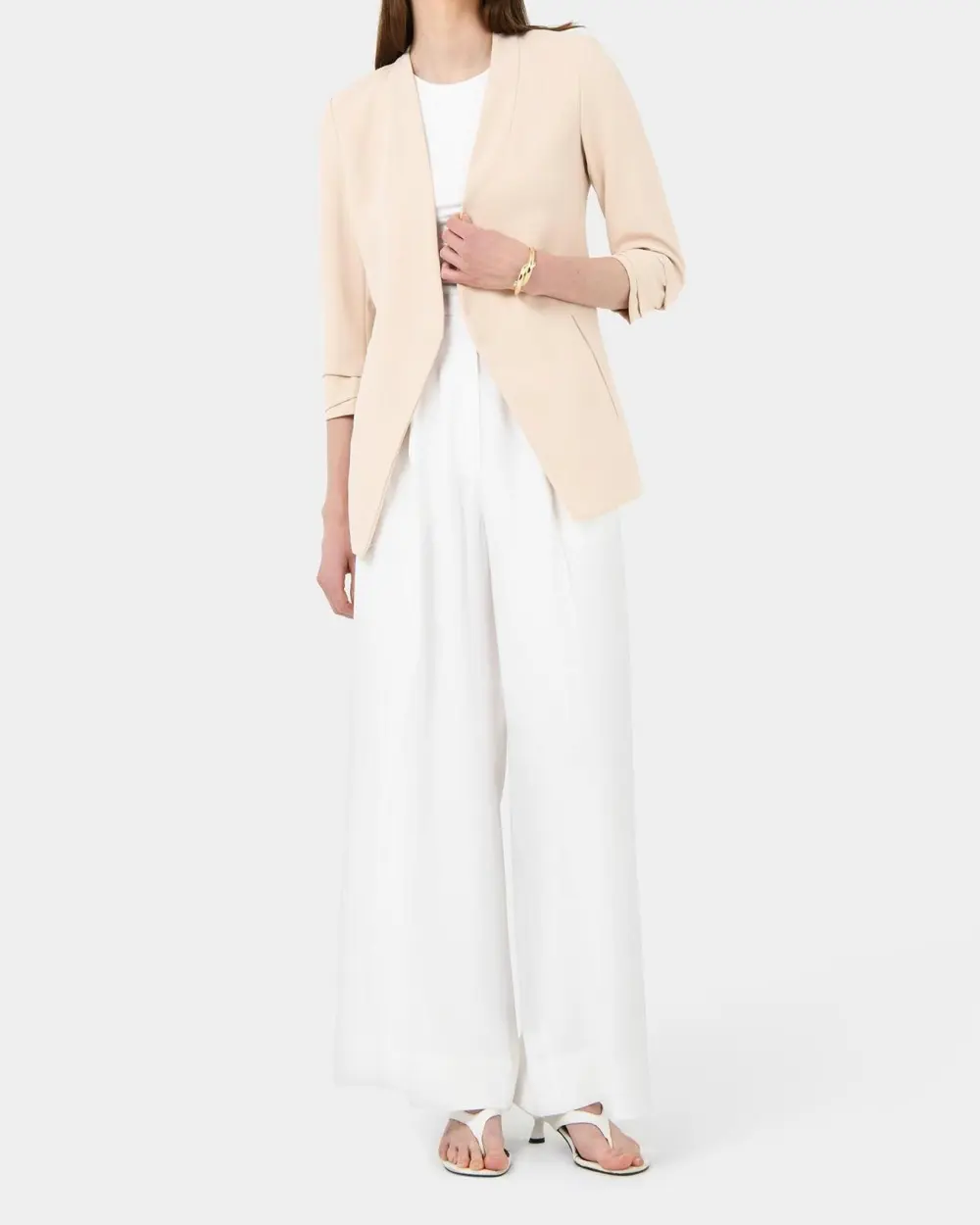 Crepe Textured Fabric Collarless Blazer -Ecru