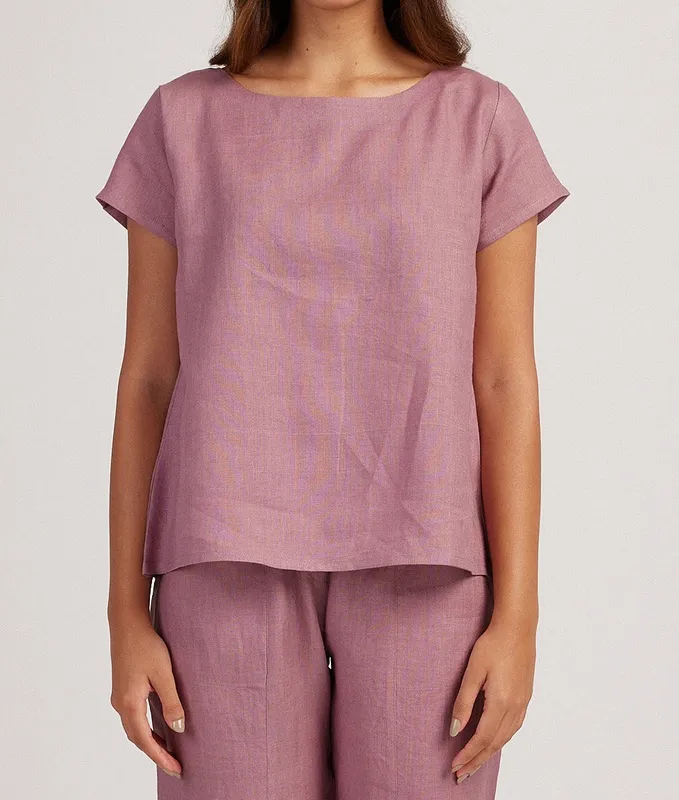 Dusty Pink Linen Matching Set with Boat-Neck Top & Easy Pants