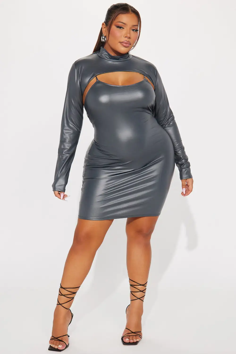 Leah Faux Leather Mini Dress Set - Gunmetal
