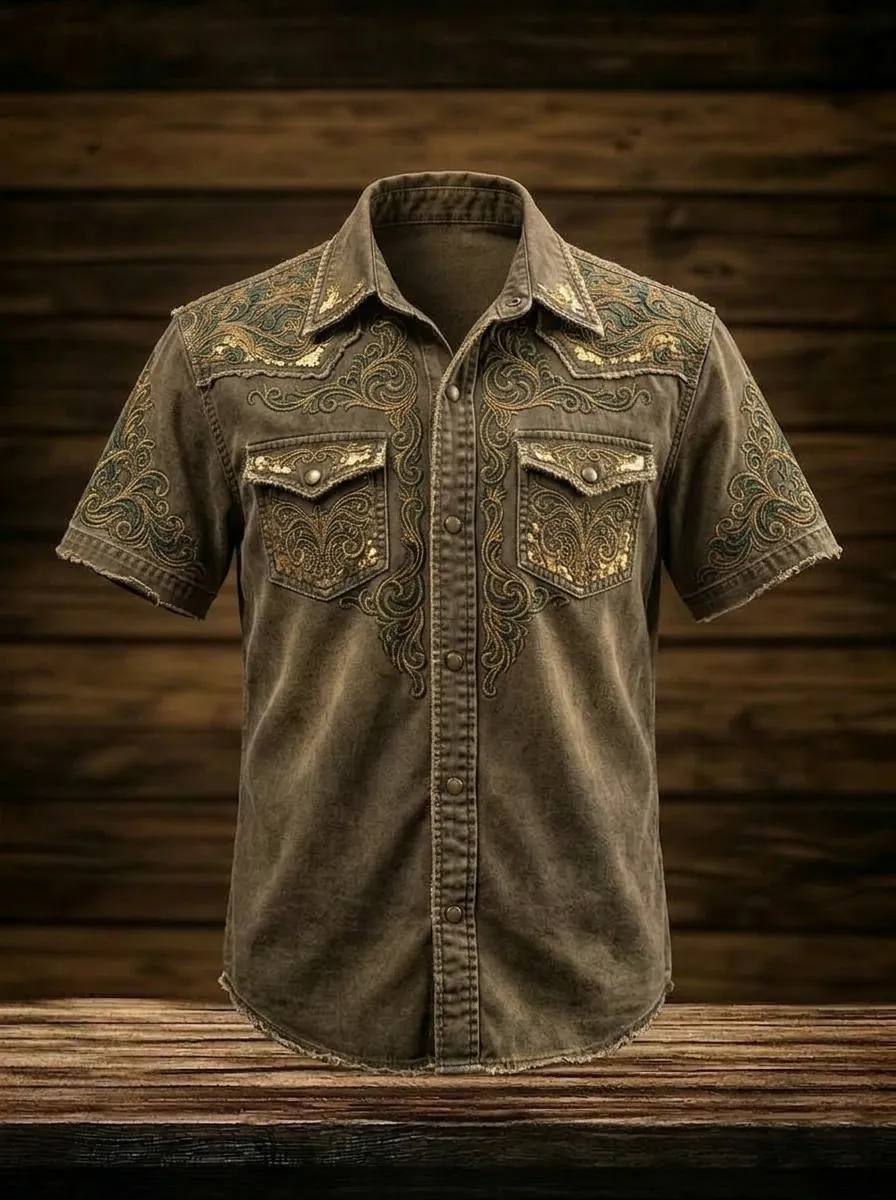 Men's Western Style Floral Embroidery Printed Shirt