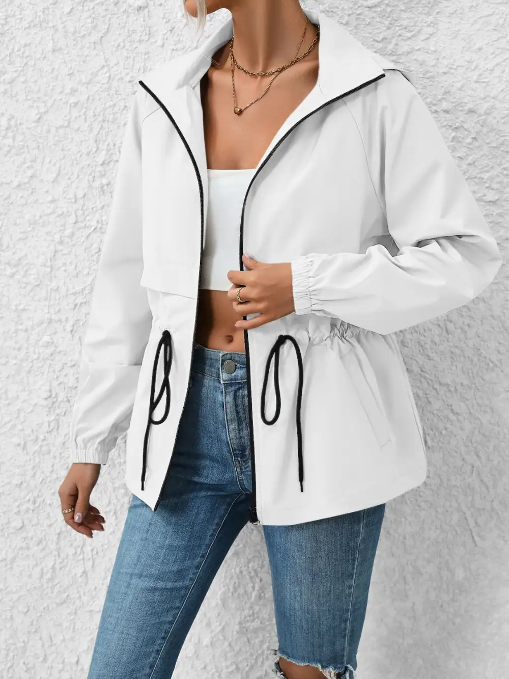 Drawstring Zip-up Hooded Jacket