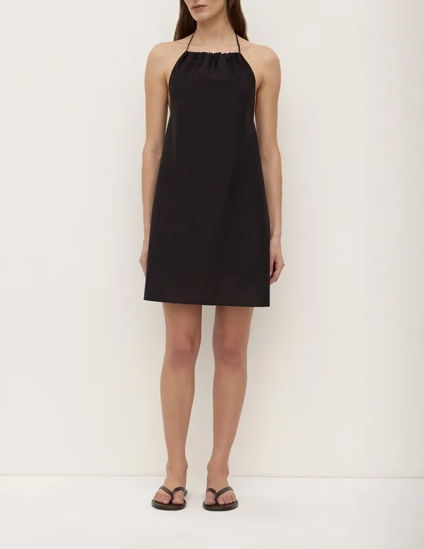 Black Cotton Silk Halter Mini Dress