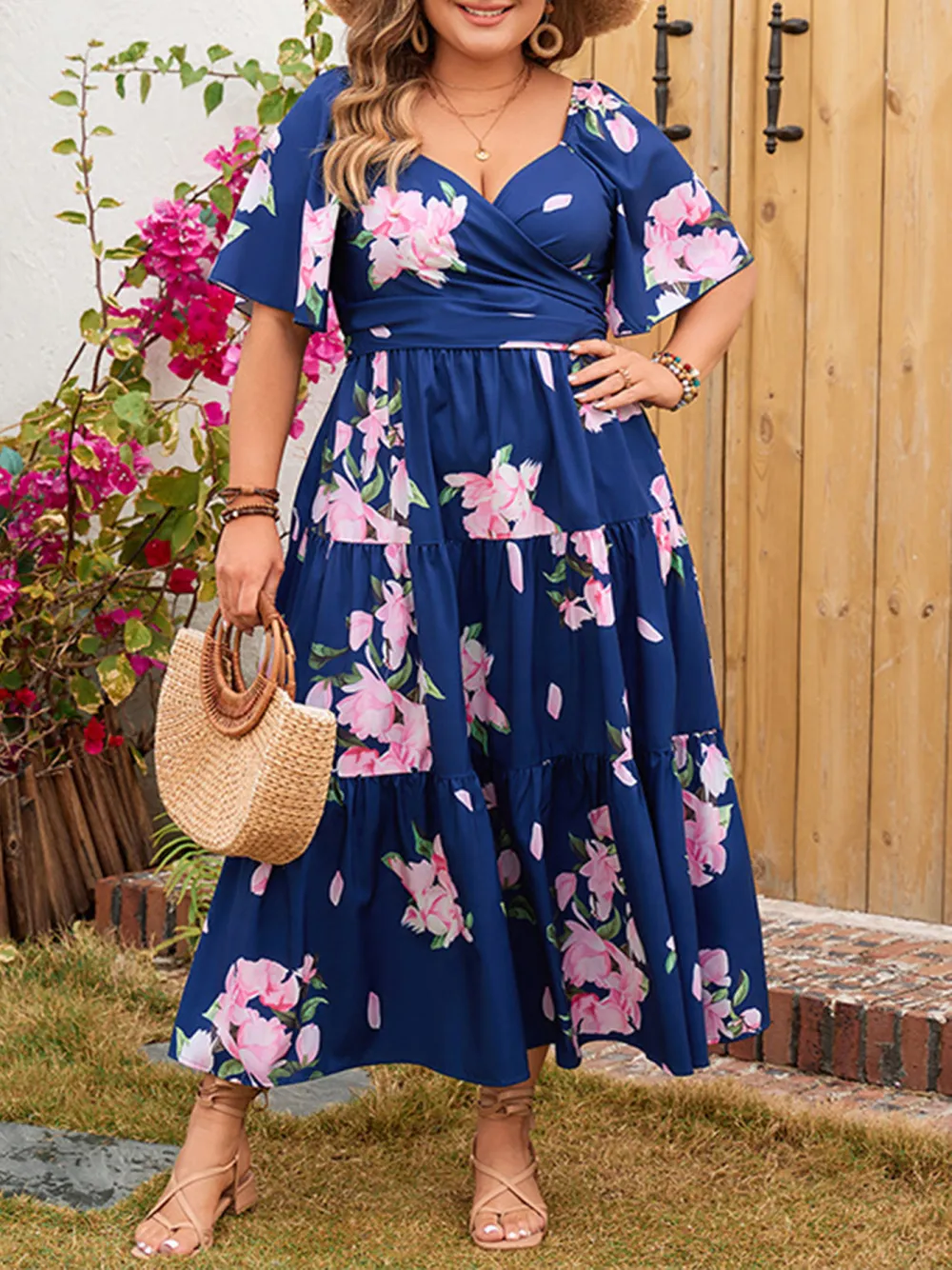 Women'S Floral V Neck Swing Dress