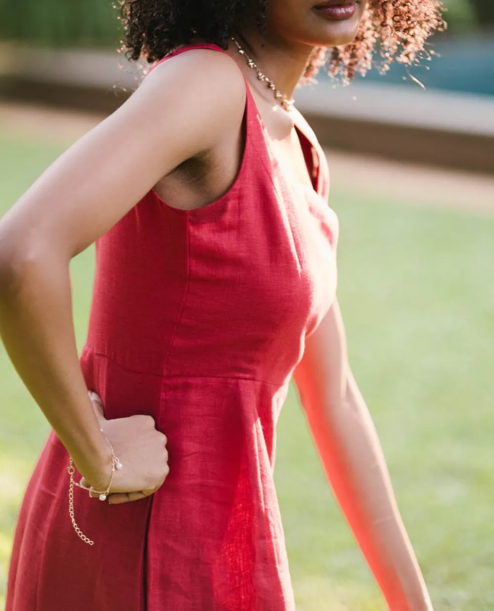 Rust Red Linen Square-Neck Midi Dress
