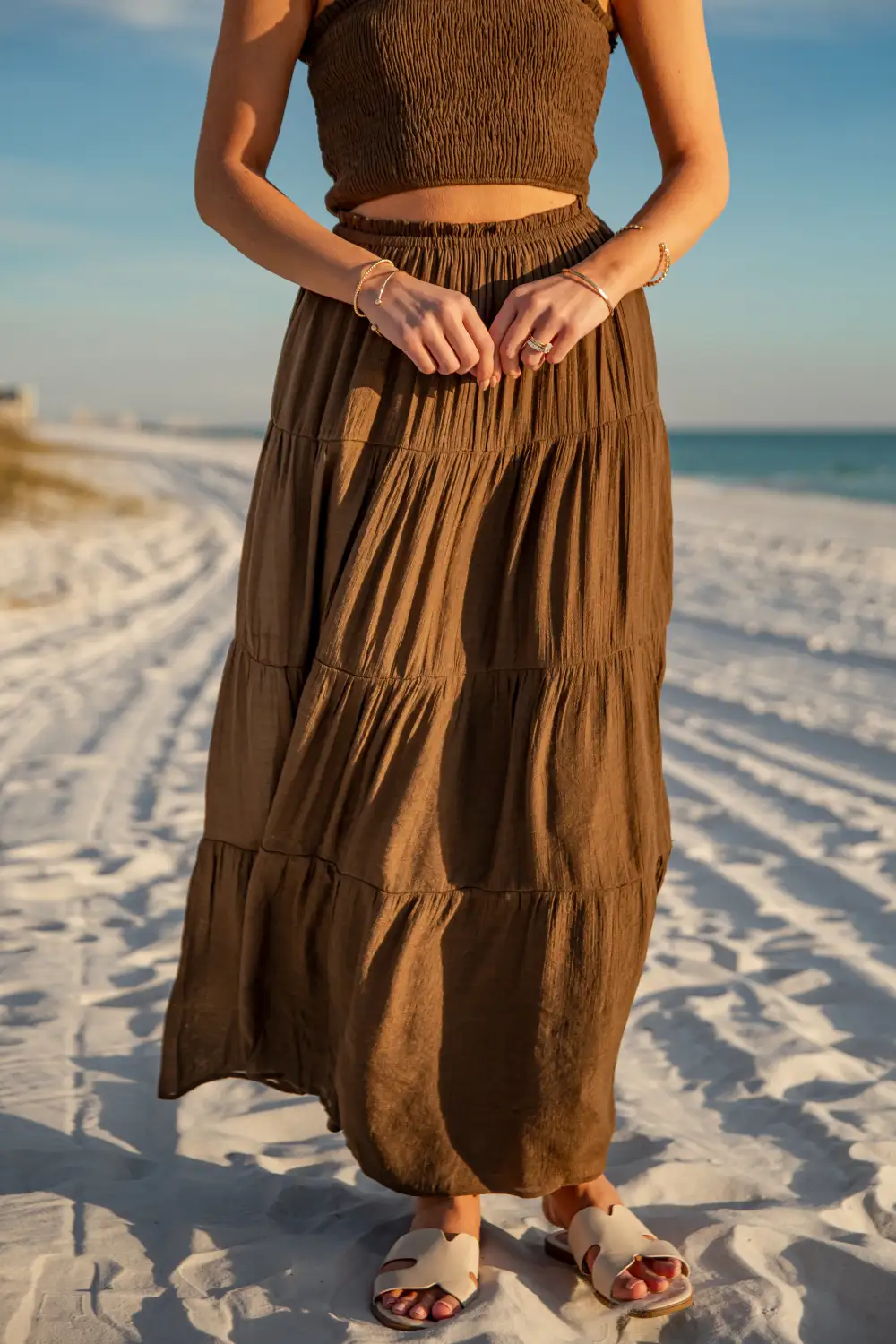 Travel Mid Rise Elastic Waist Smocked Maxi Skirt