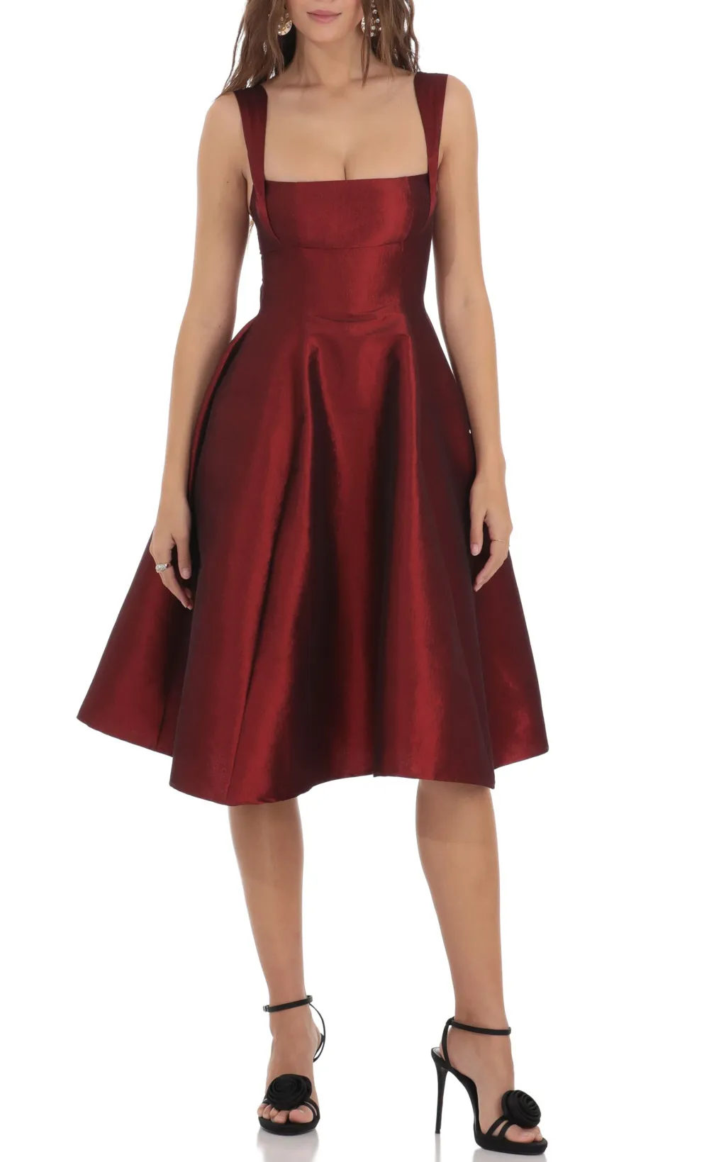 Square Neck Flare Midi Dress in Maroon