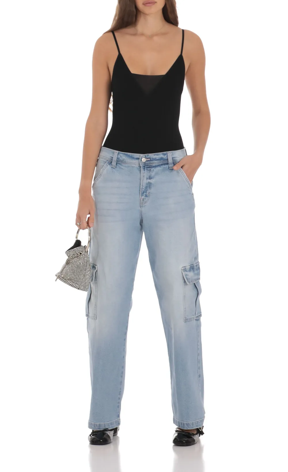 Cargo Wide Leg Jeans in Faded Denim