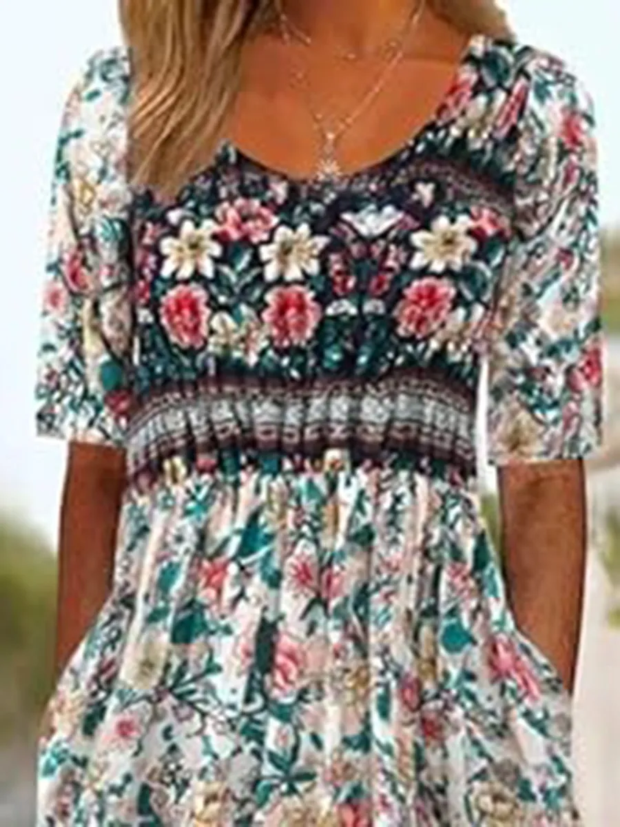 Bohemian Printed Round Neck Short Sleeve Dress