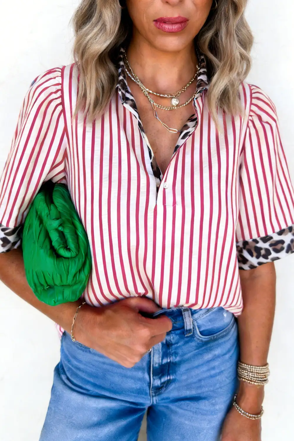 Red Stripe Leopard Contrast Trim Half Button Blouse