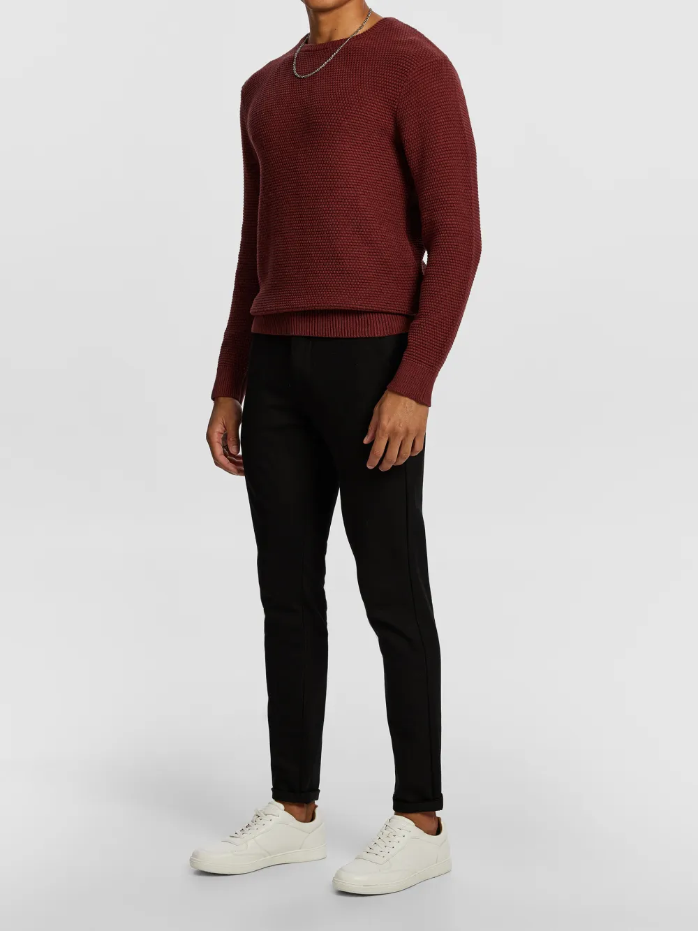 Burgundy Ribbed Crew Neck Knit Sweater