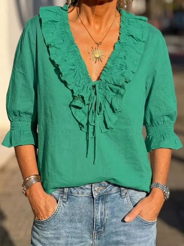 Retro Artistic Cotton Linen Shirt With Ruffled Neckline