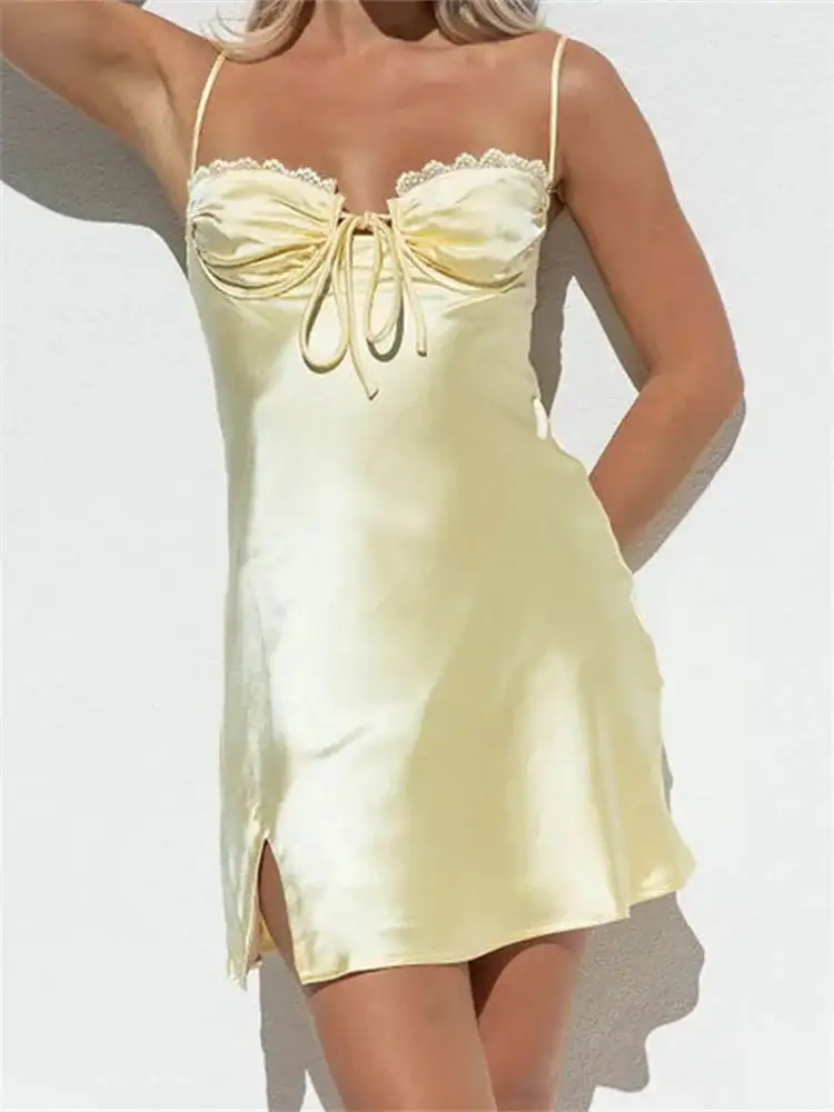 Lace Satin Sleeveless Spaghetti Strap Front Tie up Mini Dress