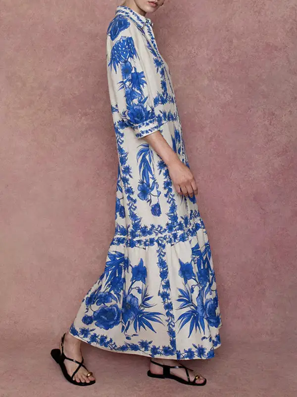 Pleated Floral Printed Shirt Maxi Dress
