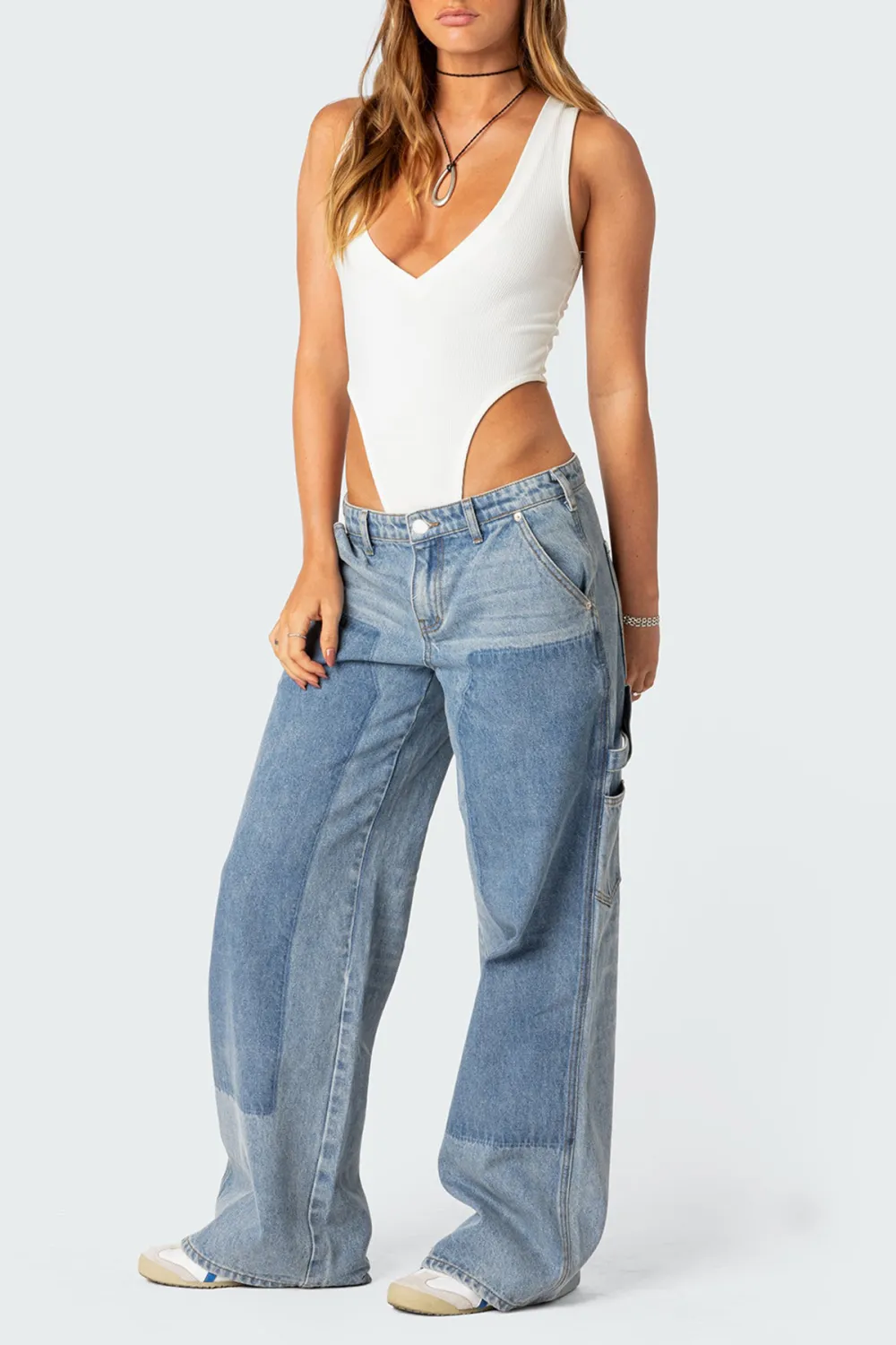 Balck High Cut Ribbed V Neck Bodysuit