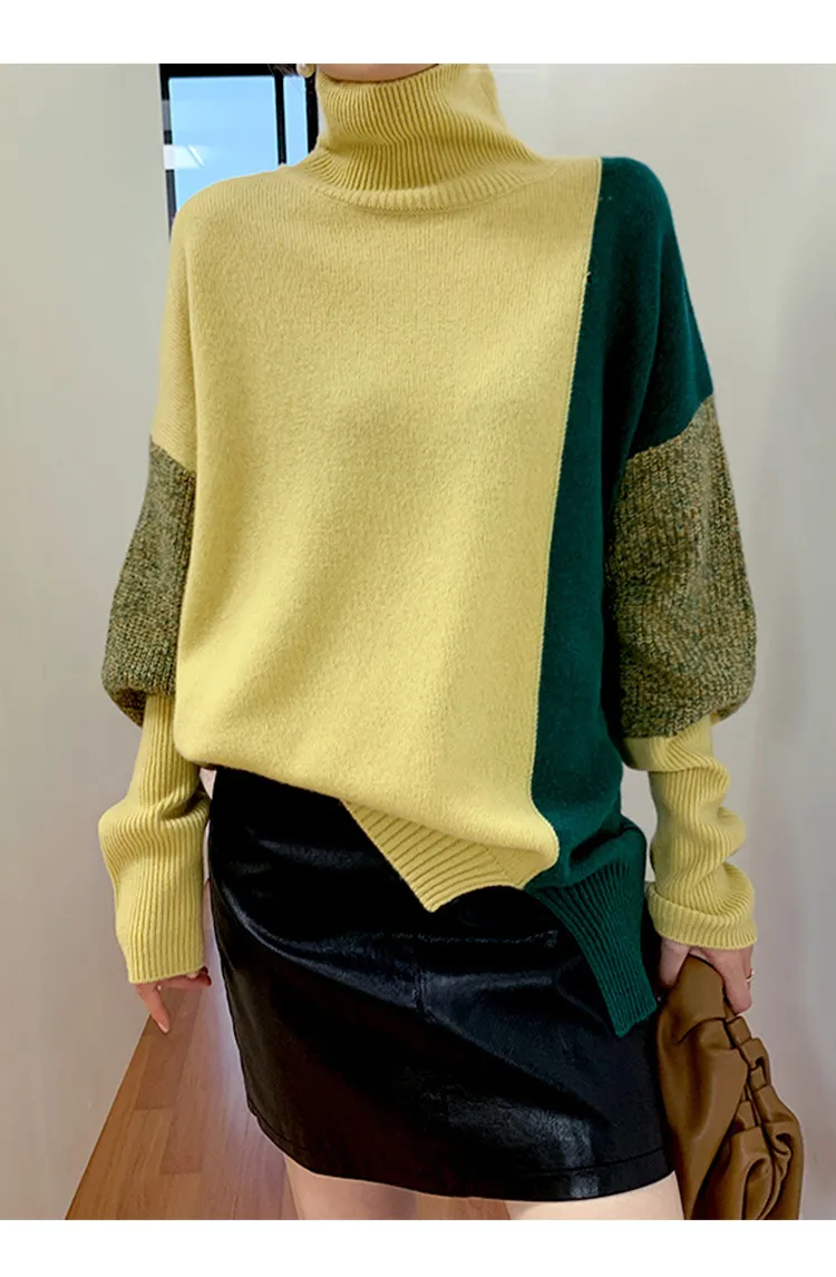 Casual Loose Color Block High-Neck Sweater