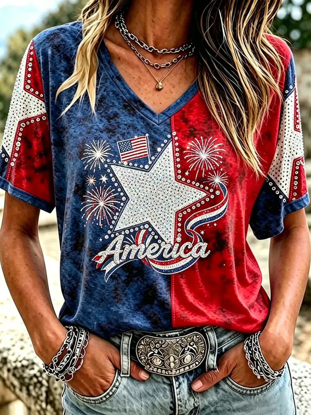 Women'S America Flag Print Casual V-Neck T-Shirt