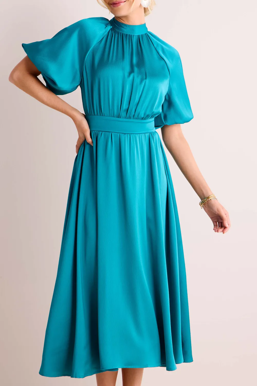 Turquoise Short Sleeve Tie-Waist Midi Dress
