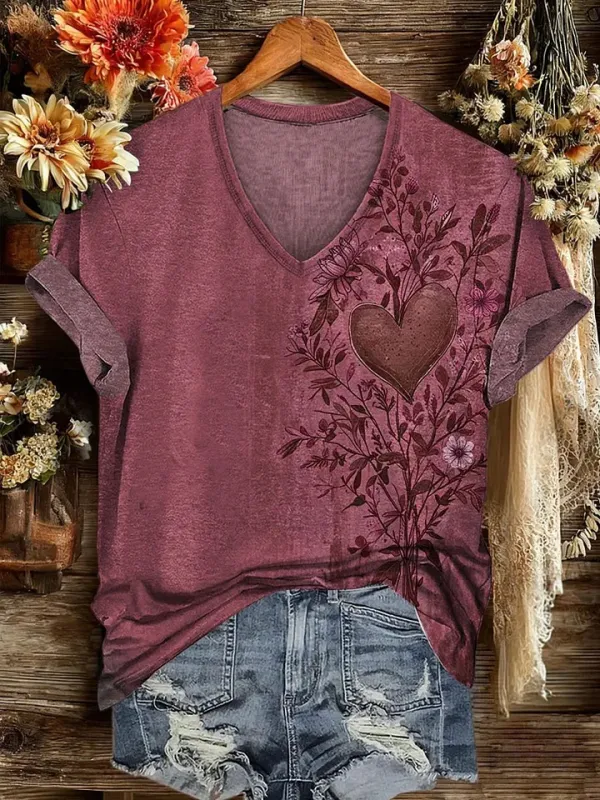 Women'S Retro Ethnic Western Printed V-Neck T-Shirt