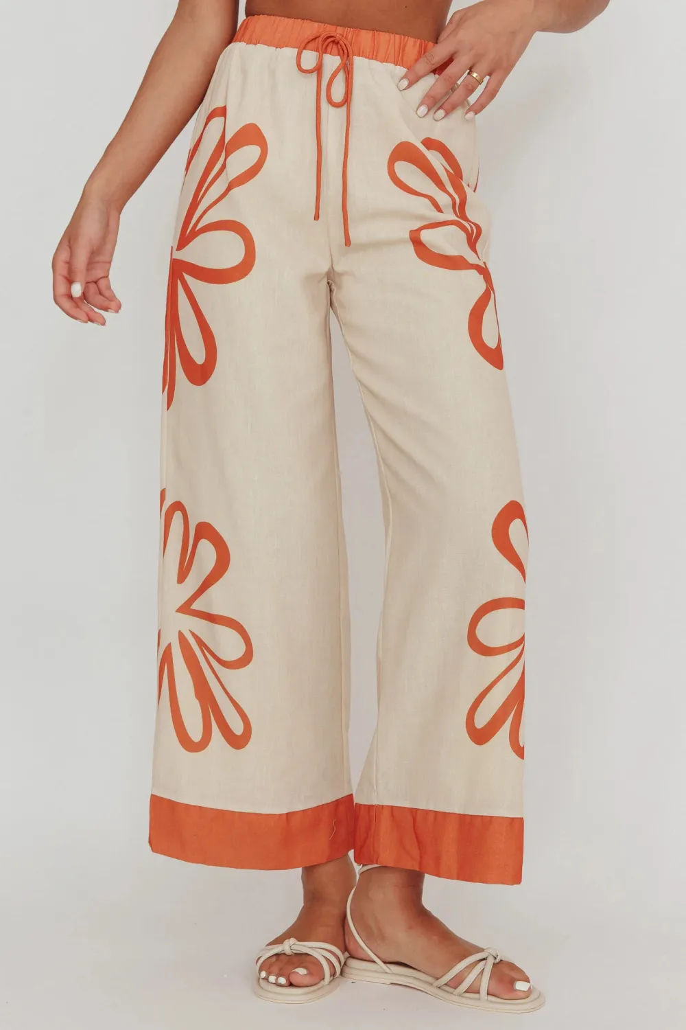 Soft Elastic Waist Plant Print Ladies Wide Leg Pants