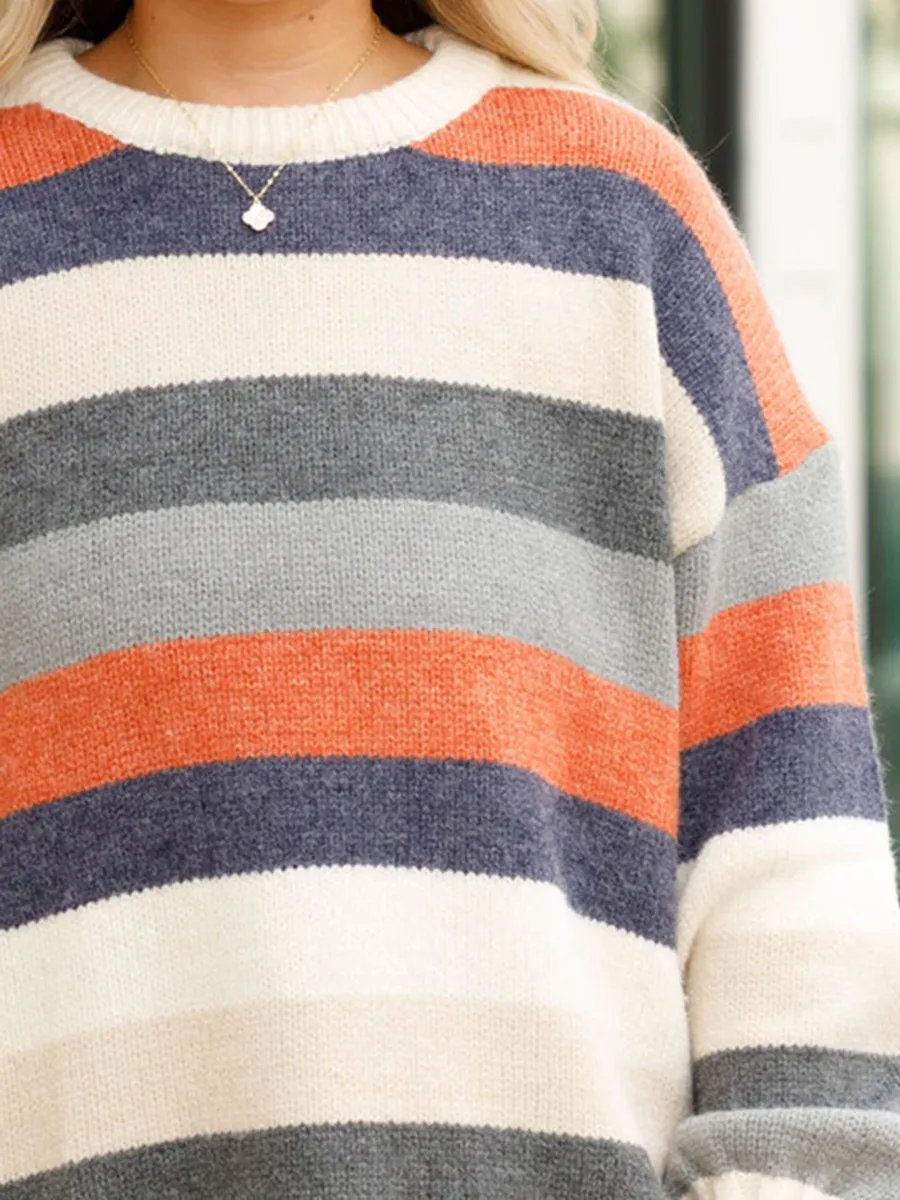 Multi Color Patchwork Striped Loose Knit Sweater