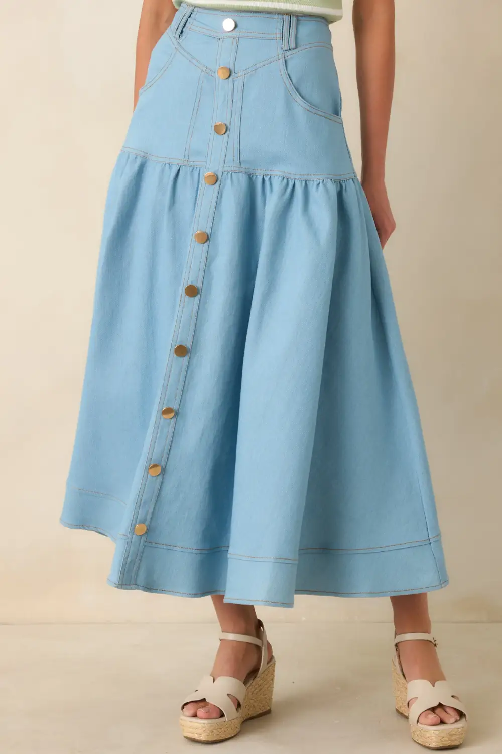 Country Light Wash Denim Button-Down Maxi Skirt