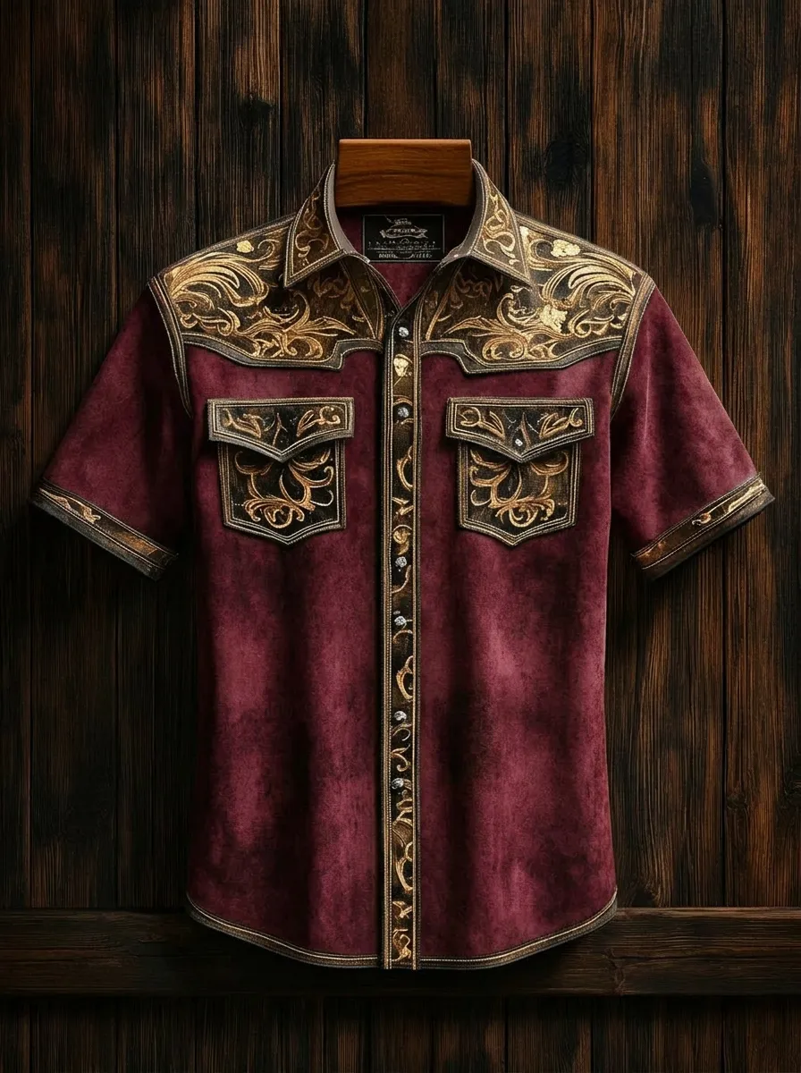 Men's Western Style Gold Filigree Printed Short Sleeve Shirt
