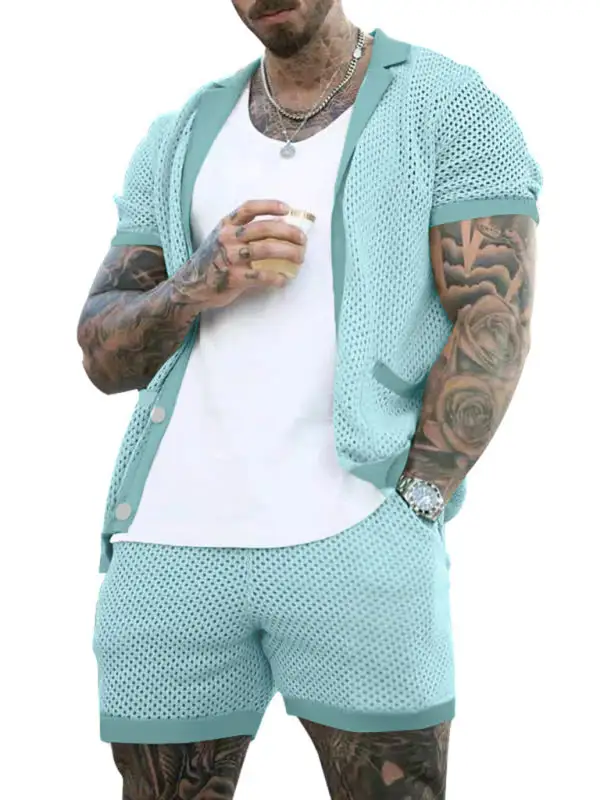 Knit Lapel Collar Short Sleeve Shorts