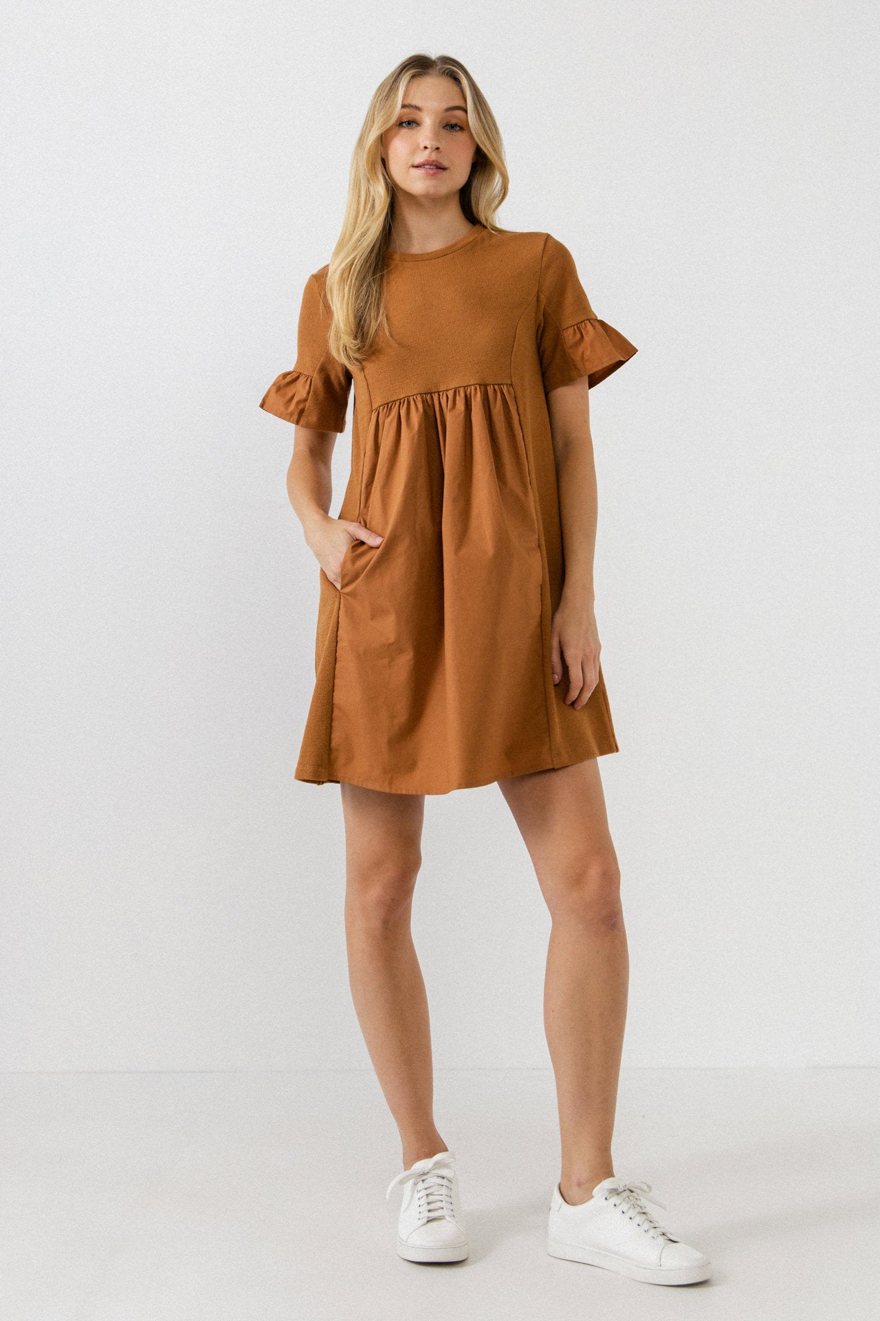 Mixed Media Short-Sleeve Mini Dress