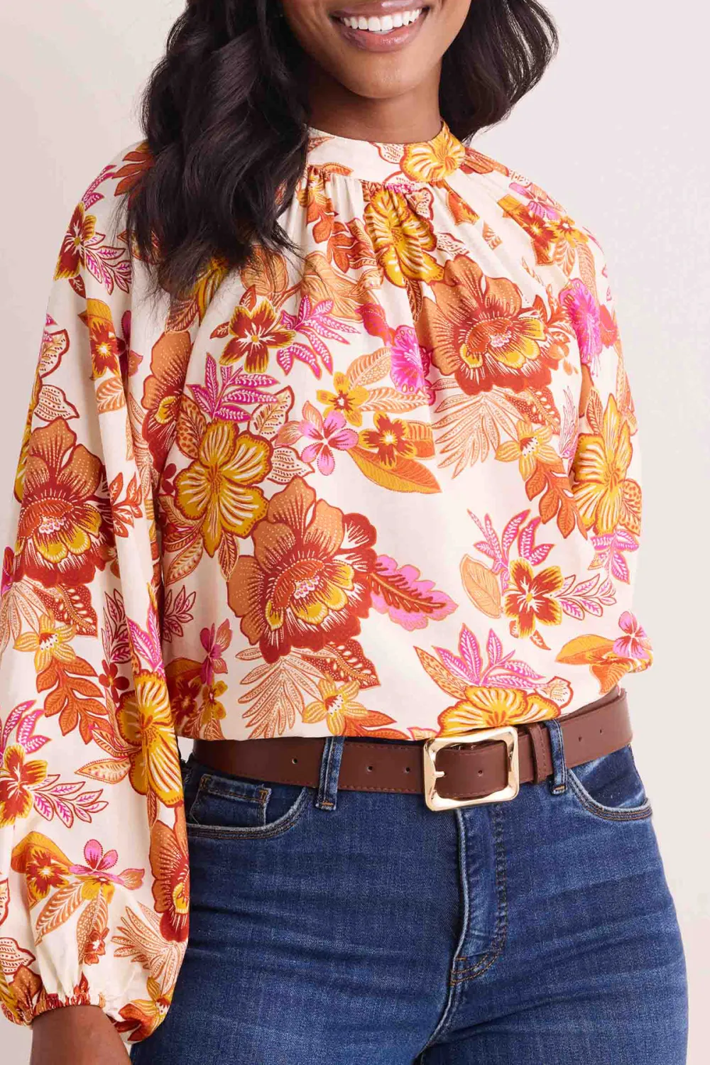 Floral Print Balloon Sleeve High Neck Blouse