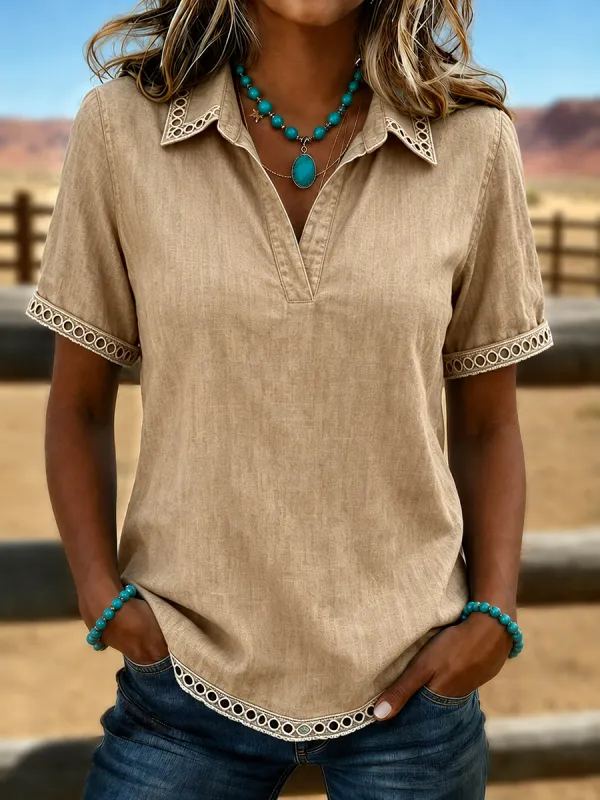 Western Turquoise Lace Trim V-Neck Short Sleeve Blouse