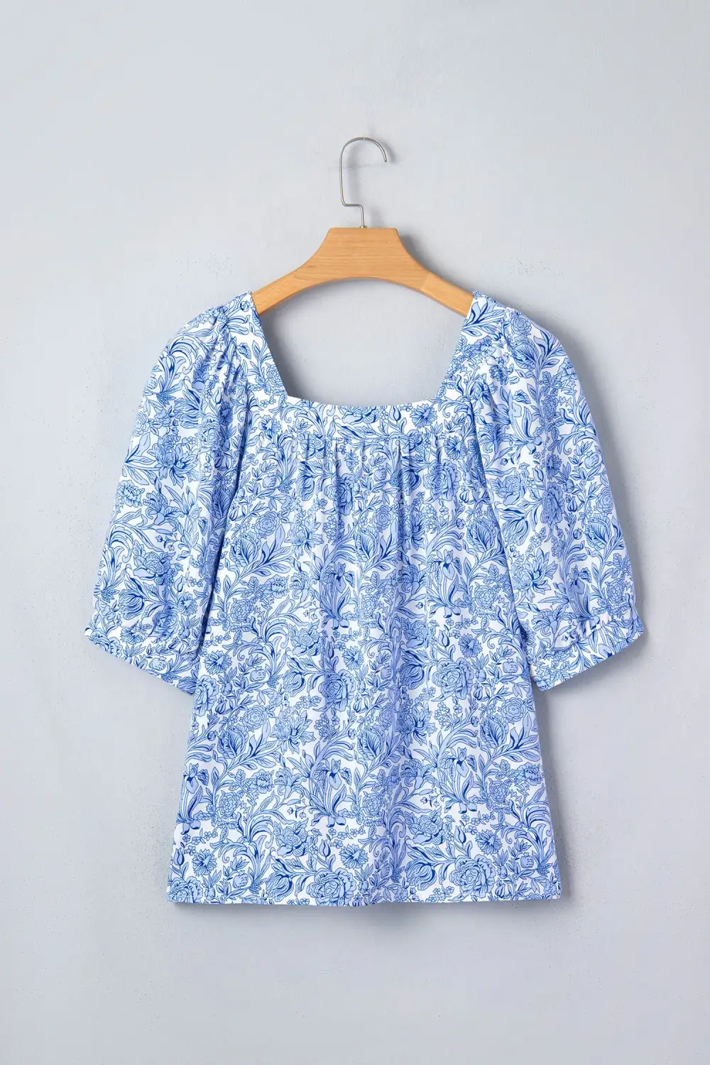 Sky Blue Square Neck Short Puff Sleeve Pleated Floral Blouse