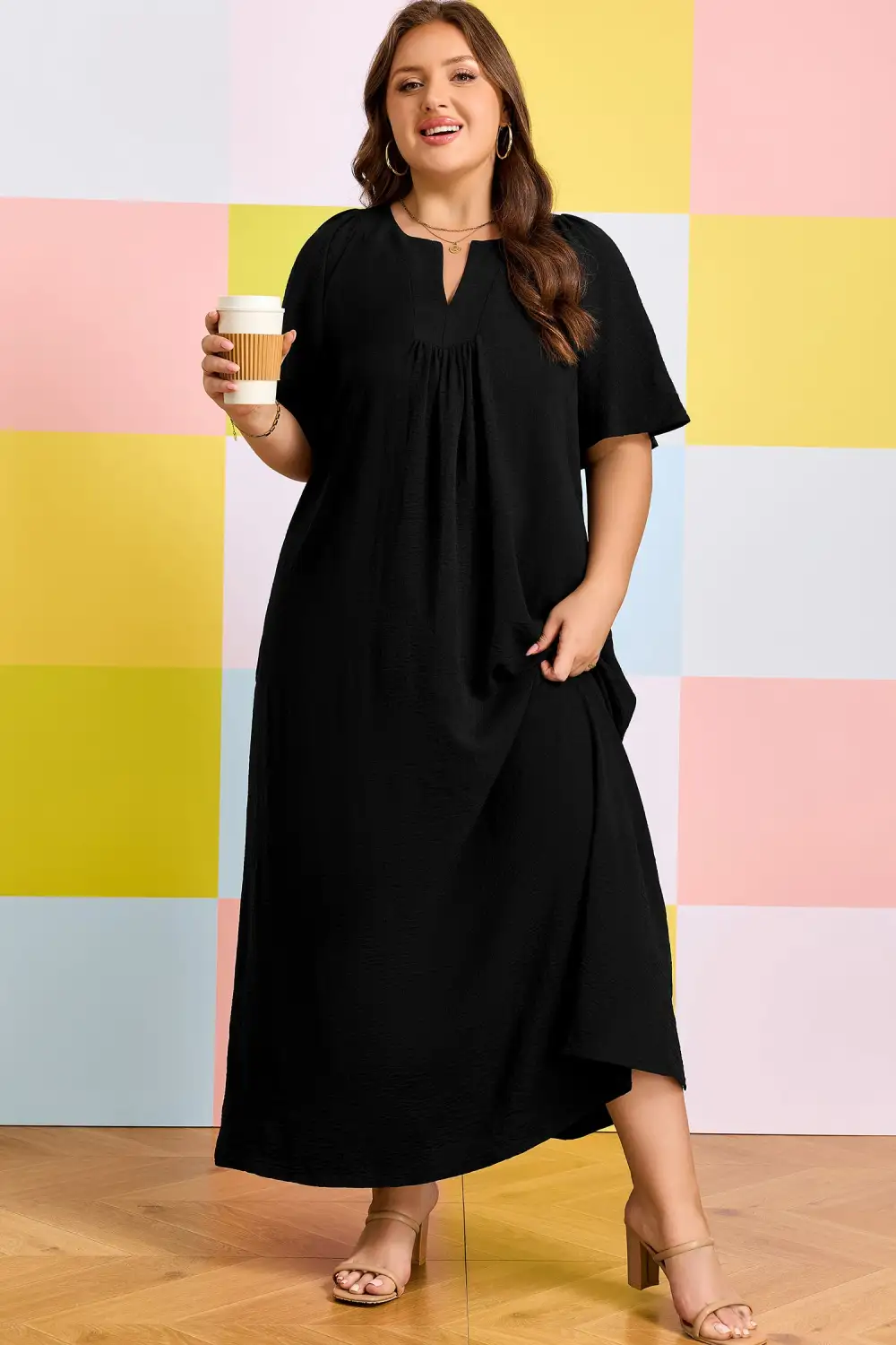 Split Neck Short Sleeve Dress Casual