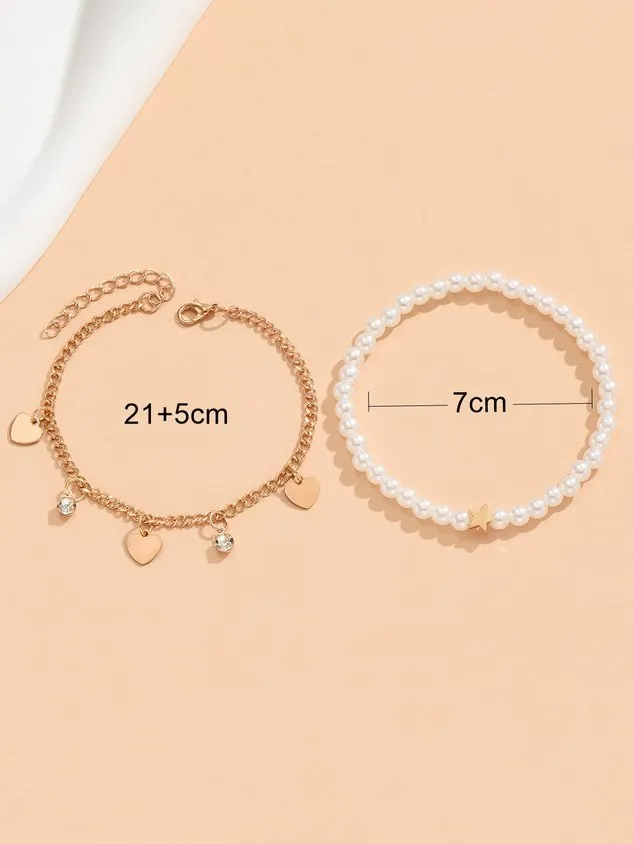 Vacation Metal Heart Diamond Pearl Layered Anklet Boho Women's Jewelry