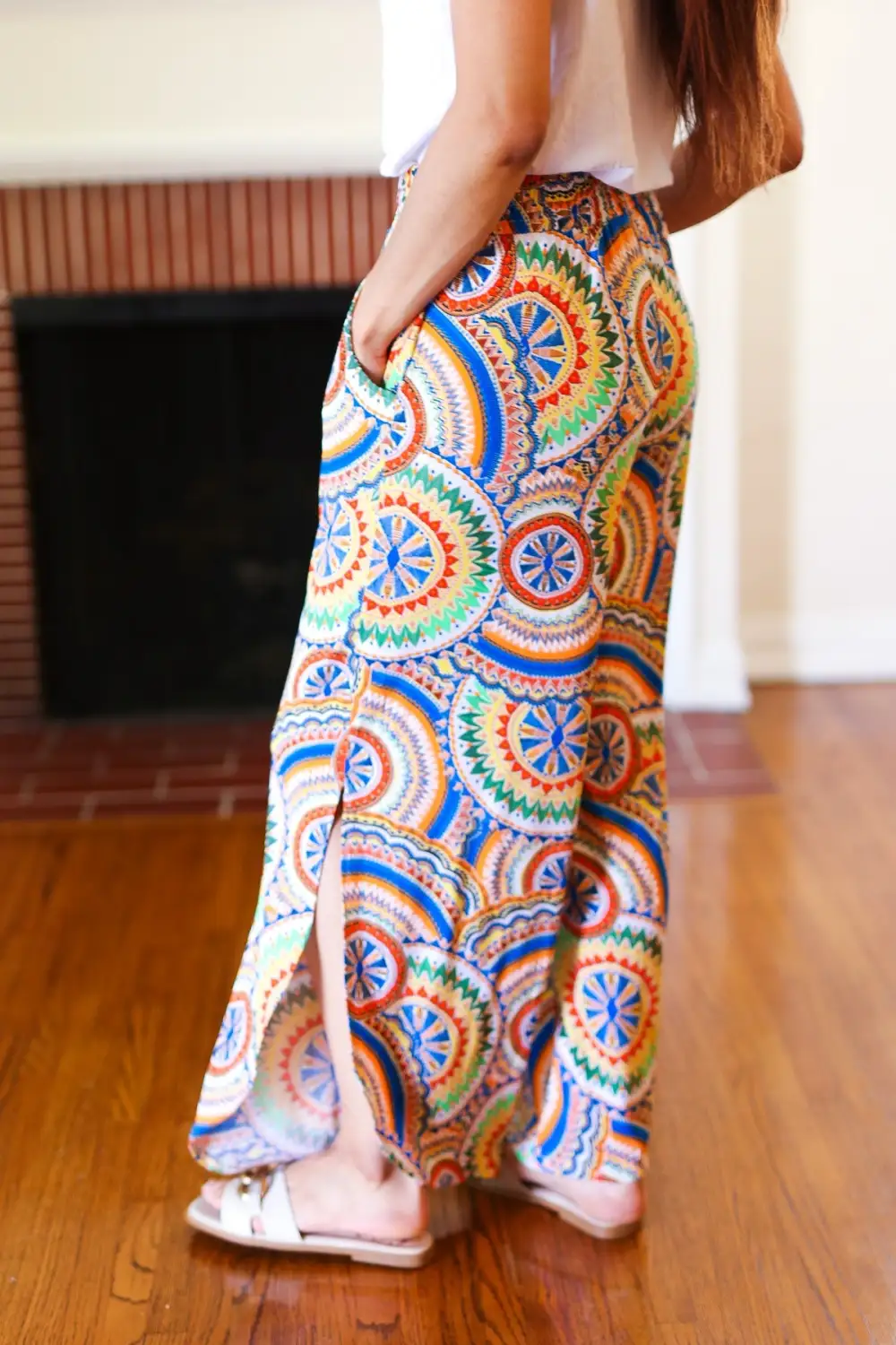 Mandala Smocked Waist Side Slit Palazzo Pants