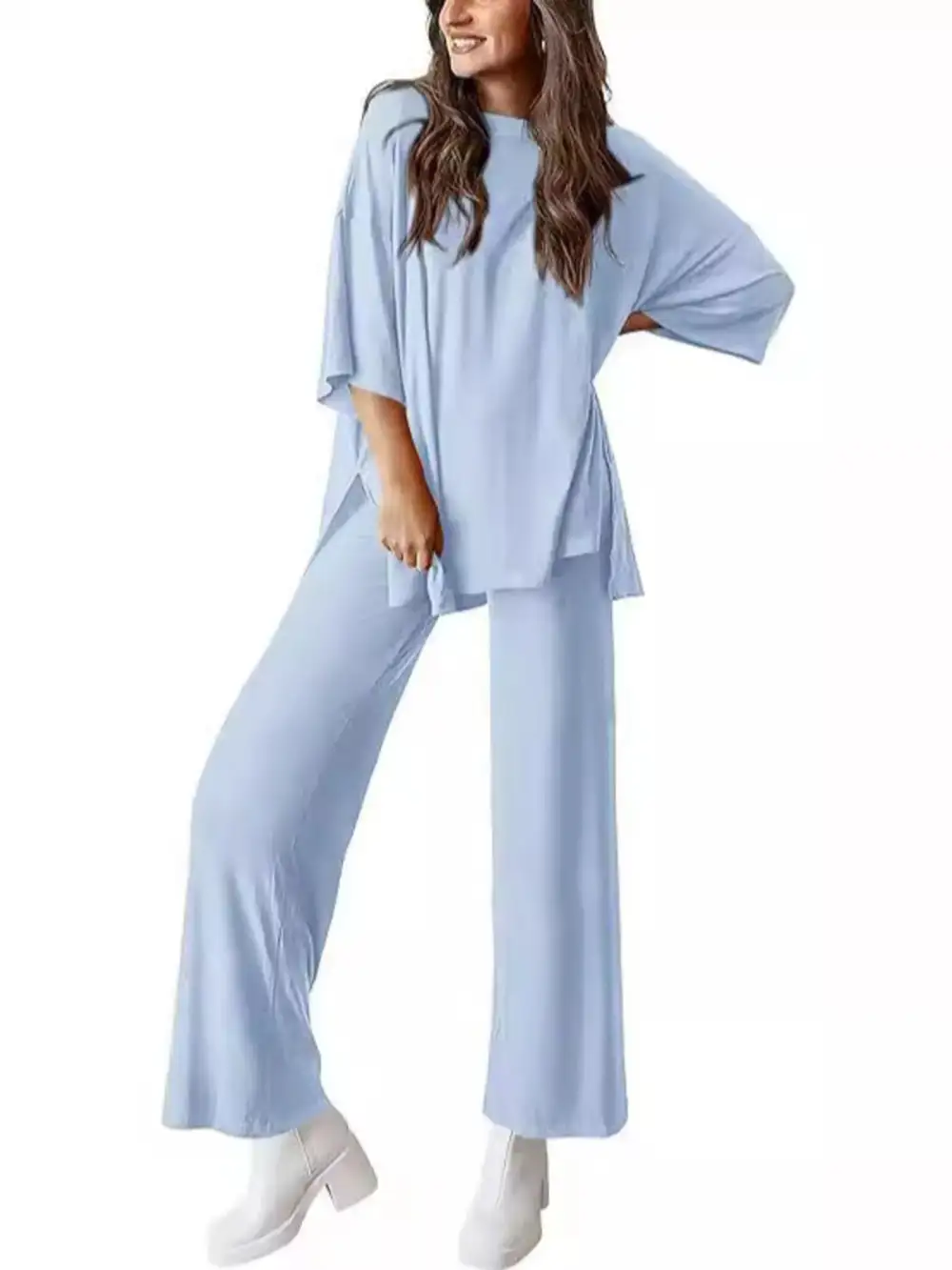 Relaxed Fit Round Neck Top and Pants Two Piece Set