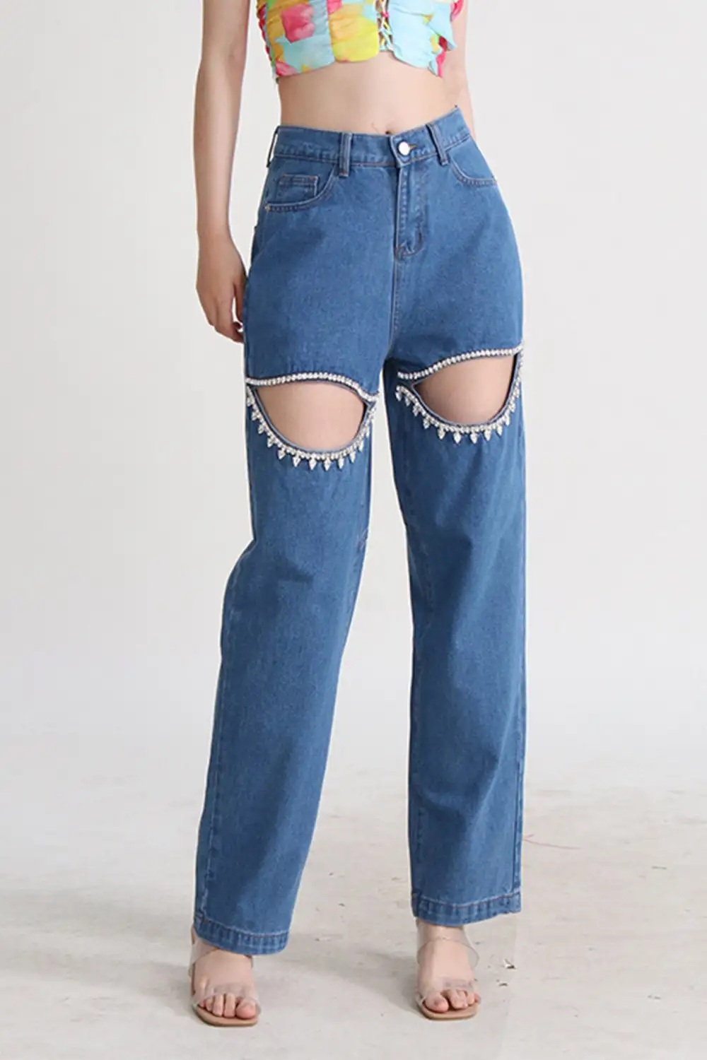 Beaded Cutout Straight Jeans
