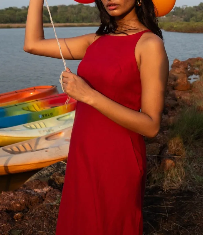Rust Red Linen Cutaway Maxi Dress