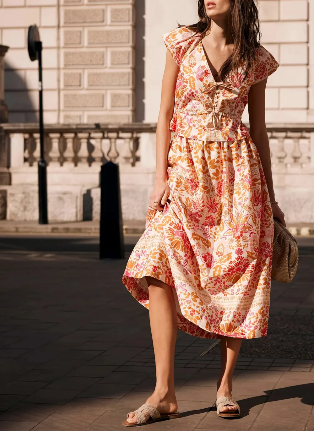 Casual Style Orange Floral Print Midi Skirt