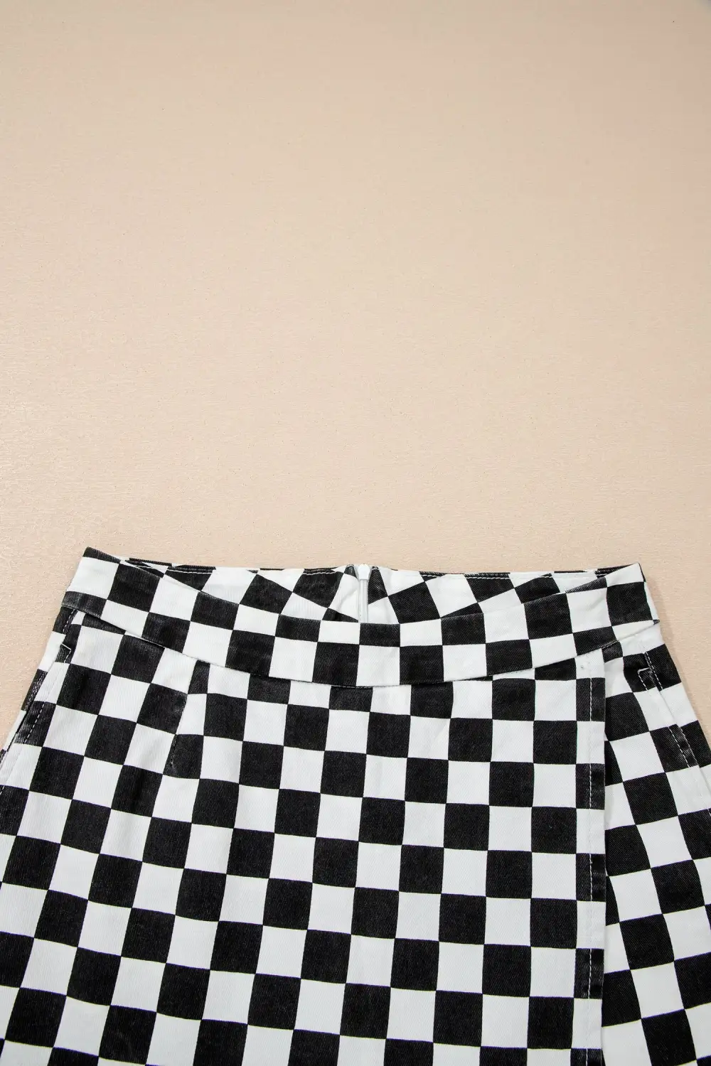 Checkered Print Overlap Denim Shorts