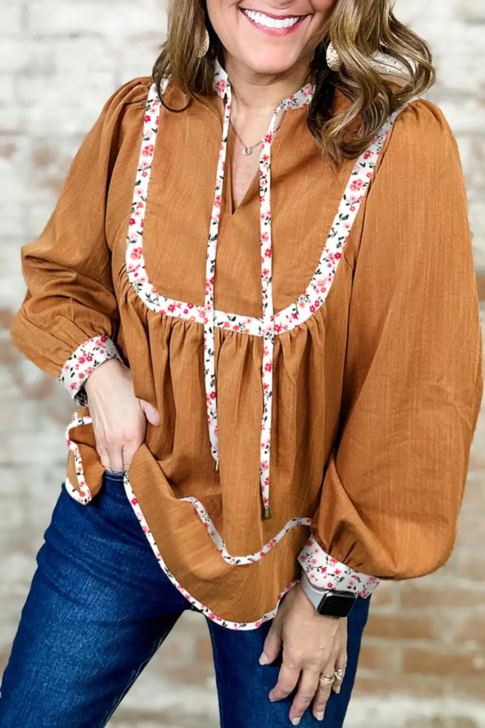 Straw Yellow Split Neck Pleated Floral Trim Long Puff Sleeve Blouse