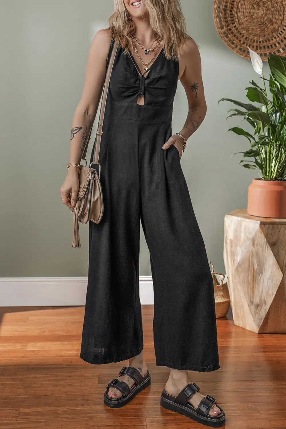 Front Cutout Smocked Back Sleeveless Wide Leg Jumpsuit